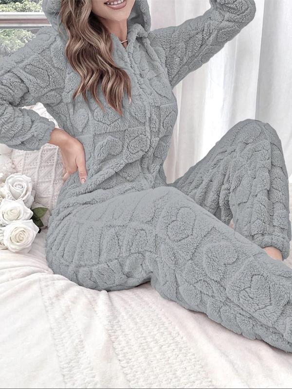 Women's Heart Jacquard Zip Up Hooded Sleep Jumpsuit, Casual Long Sleeve Jumpsuit for Fall & Winter, Women's Sleepwear for Indoor Wear