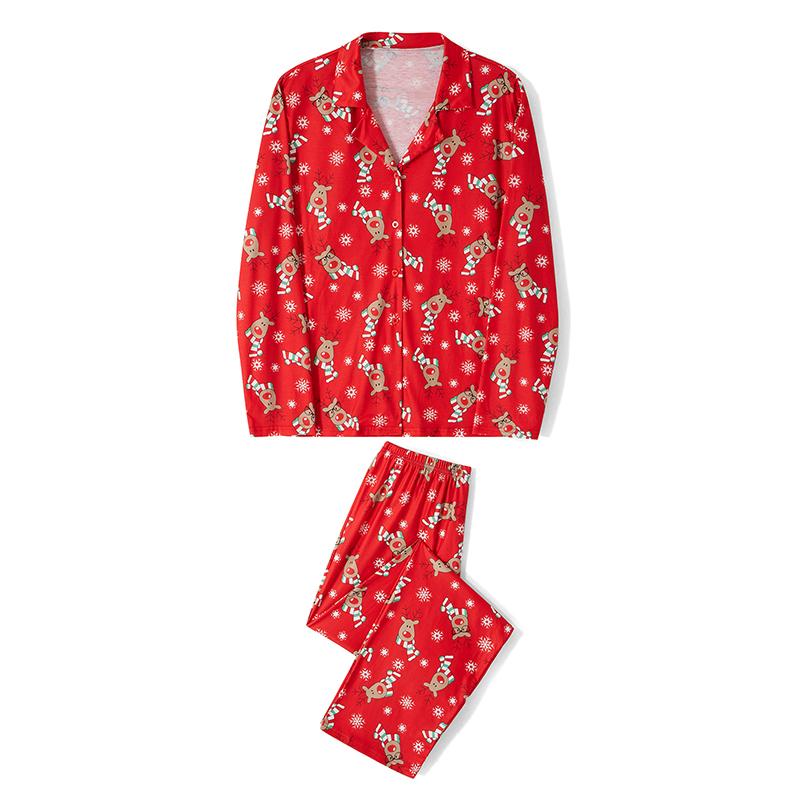 Red Family Matching Christmas Pajamas Sets, Deer Snowflake Print Lapel Long Sleeve Tops + Elastic Waist Long Pants Loungewear Set