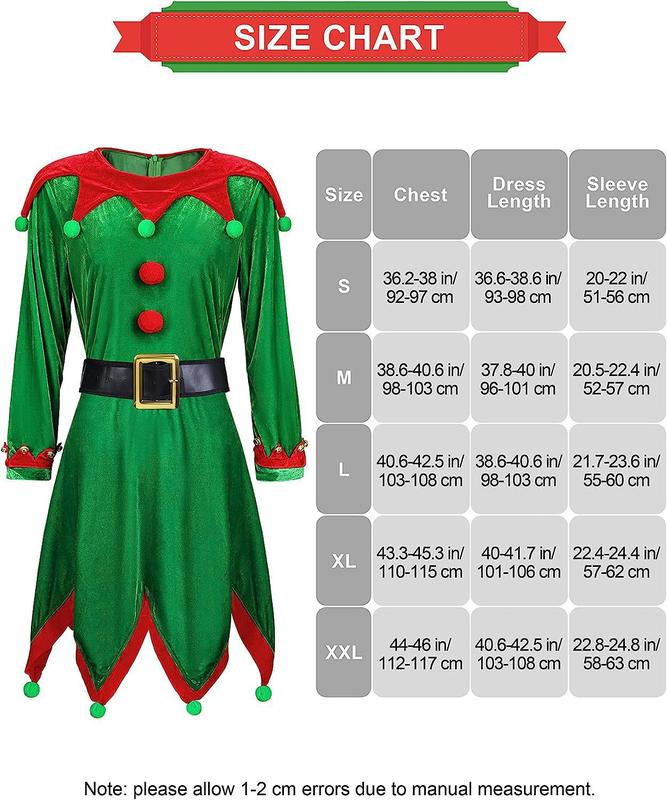 6 Pack Christmas Elf Costume for Women,Velvet Dress Cosplay Outfit with Belt Socks Elf Hat Shoes Ears