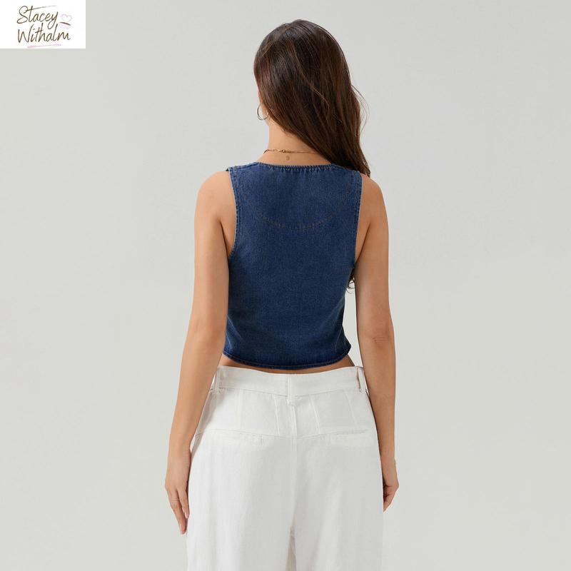 Women Denim Tank Tops Solid Color Front Tie-Up Casual Vests Summer Fashion Sleeveless Tops Streetwear Cotton Polyester Womenswear Check Light Tube