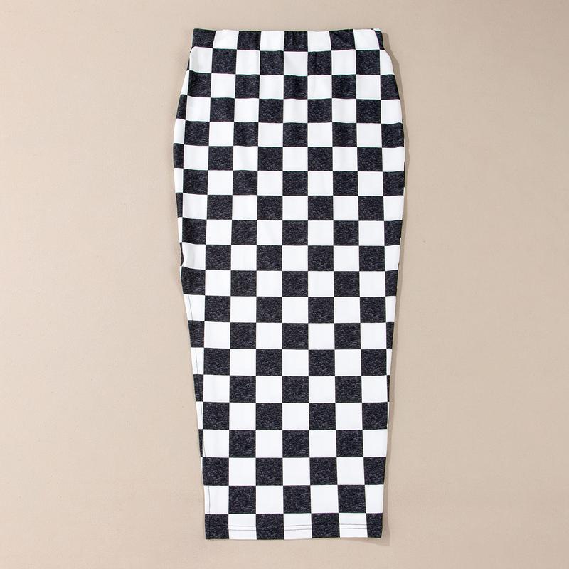 White Checkered Print Side Slit High Waist Midi Skirt-Checkerboard Slit Skirt Women Casual Midi Skirt Trendy and Comfortable