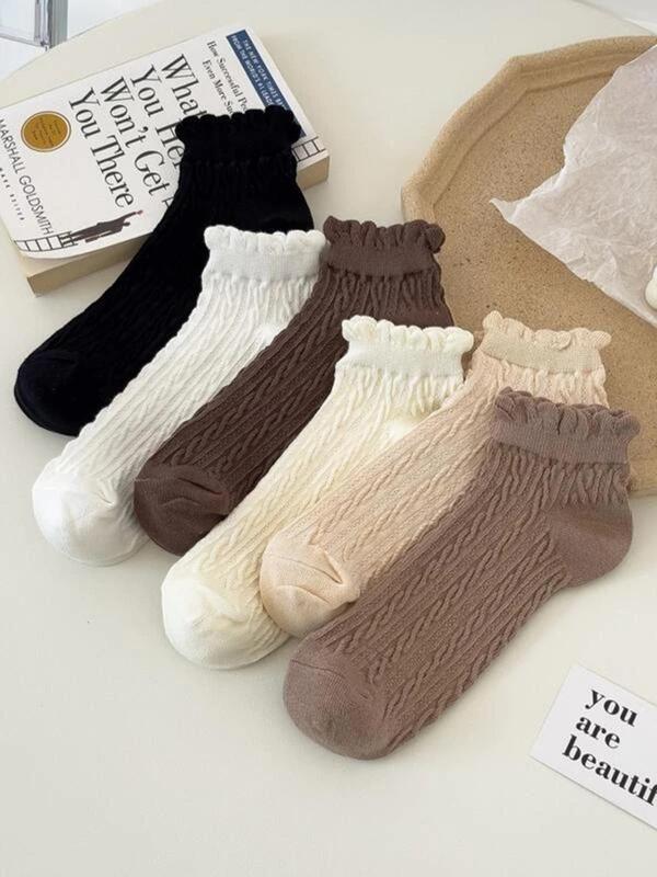 Women's 6 Pairs Solid Textured Frill Ankle Socks, Comfort Cozy Cable Knit Crew Socks, Low Cut Comfort Breathable Socks, Multi-pack Plain Socks for Women, Women's Socks & Hosiery