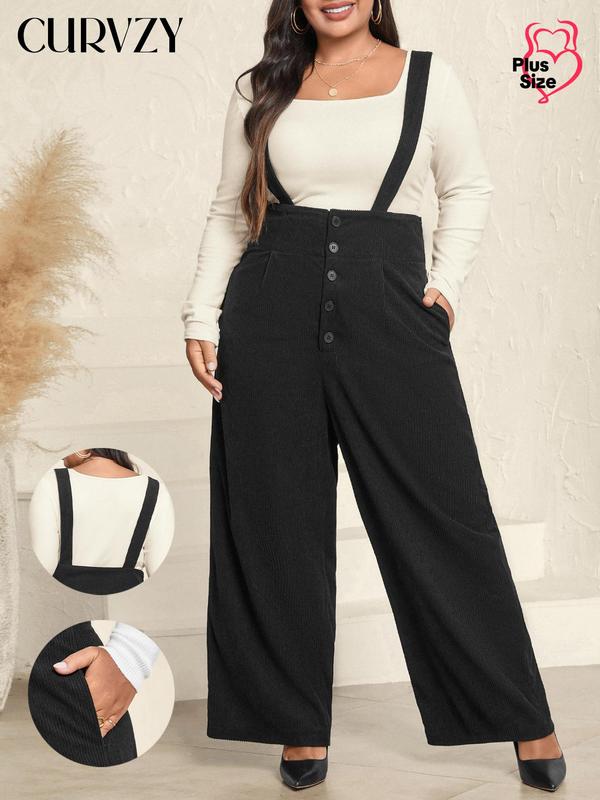 CURVZY Christmas Deals, Plus Size Solid Button Suspender Corduroy Overalls, Casual Pocket Wide Leg Suspender Pants for Daily Wear, Women's Plus Clothing for All Seasons, Christmas 2024 Trend, Fall & Winter Clothes