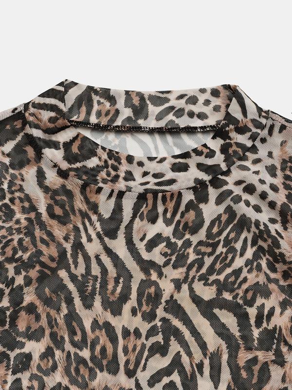 YOZY Women's Leopard Print Mock Neck Tulle Top, Fashion Casual Long Sleeve Top for Spring & Fall, Women's Clothing for Daily Wear