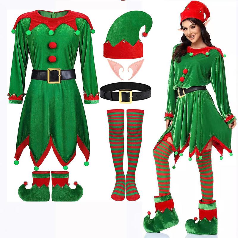 6 Pack Christmas Elf Costume for Women,Velvet Dress Cosplay Outfit with Belt Socks Elf Hat Shoes Ears