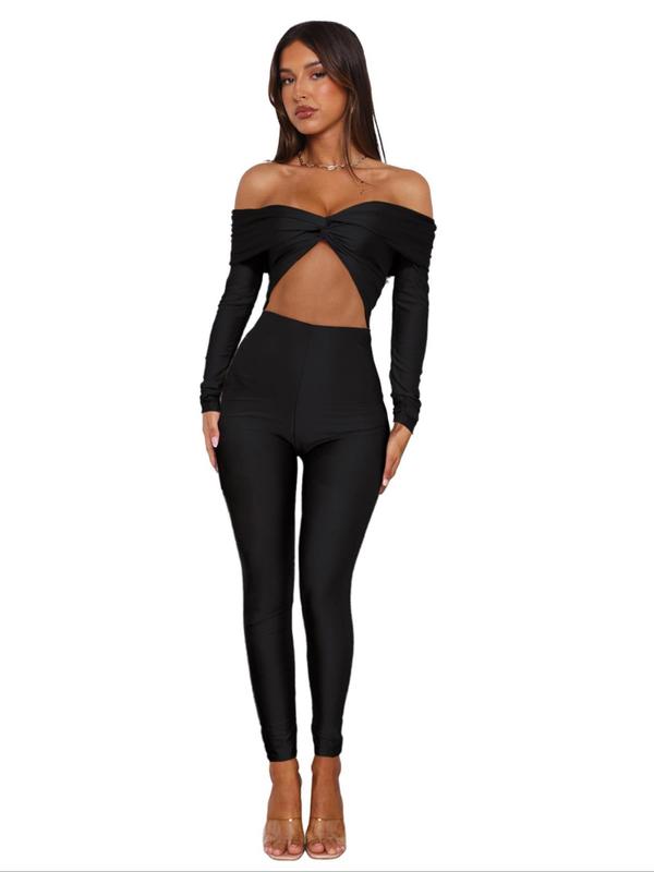 Women's Off The Shoulder Cut Out Jumpsuit, Solid Long Sleeve Twist Jumpsuit for Party Club Dating, Ladies Clothes for All Seasons