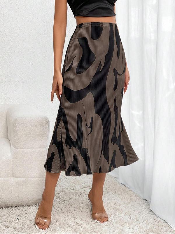 Women's All Over Print High Waist Mermaid Skirt, Elegant Fashion Casual Midi Skirt for Daily Outdoor Wear, Ladies Bottoms for Spring & Fall, Fall Outfits, Earthtone Fallfreshness