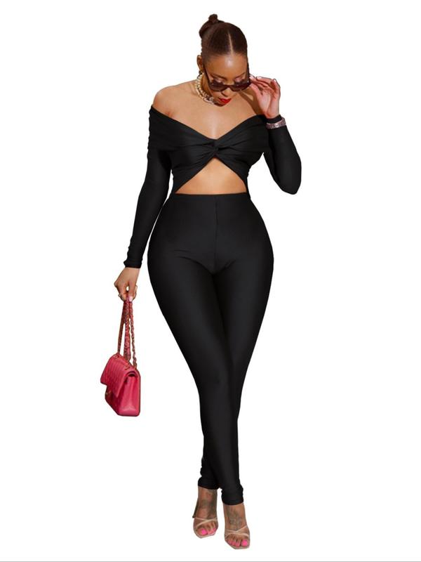 Women's Off The Shoulder Cut Out Jumpsuit, Solid Long Sleeve Twist Jumpsuit for Party Club Dating, Ladies Clothes for All Seasons