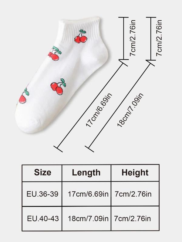 Women's 5 Pairs Cute Cherry Print Ankle Socks, Summer 2024 Casual Moisture Wicking Knit Socks, Soft Comfy Breathable Socks For Summer Daily Wear