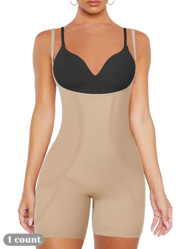 Women's Solid Adjustable Strap Open Bust Shapewear Romper, High Stretch Tummy Control Shapewear Bodysuit, Ladies Shaper for All Seasons