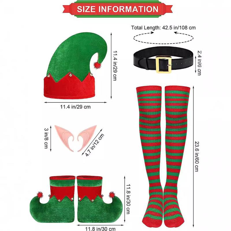 6 Pack Christmas Elf Costume for Women,Velvet Dress Cosplay Outfit with Belt Socks Elf Hat Shoes Ears