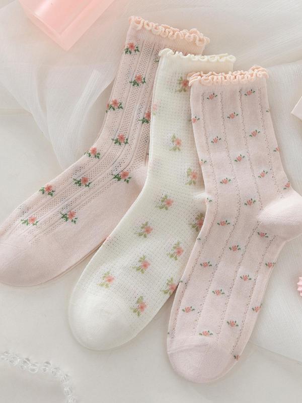 Women's Ditsy Floral Print Lettuce Trim Crew Socks, Soft Comfy Breathable Moisture Wicking Socks, Socks for All Seasons Daily Wear