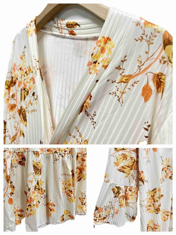 Women's Floral & Leaf Print Ruffle Trim Bathrobe, Elegant Long Sleeve Dressing Gown, Soft Comfortable Bathrobe for Home Spa