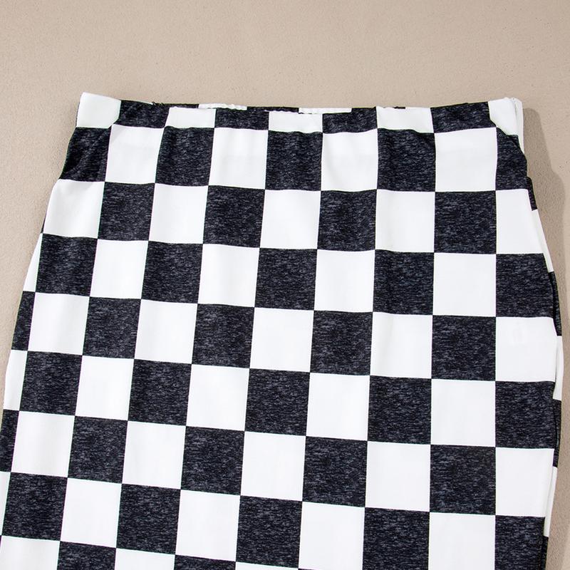 White Checkered Print Side Slit High Waist Midi Skirt-Checkerboard Slit Skirt Women Casual Midi Skirt Trendy and Comfortable