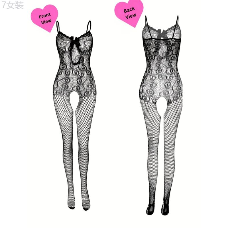 4pcs Plus Size Lace Fishnet Bodystockings, Sexy Stretchy Open Crotch Nightwear Bodysuit for Romantic Date Wearing