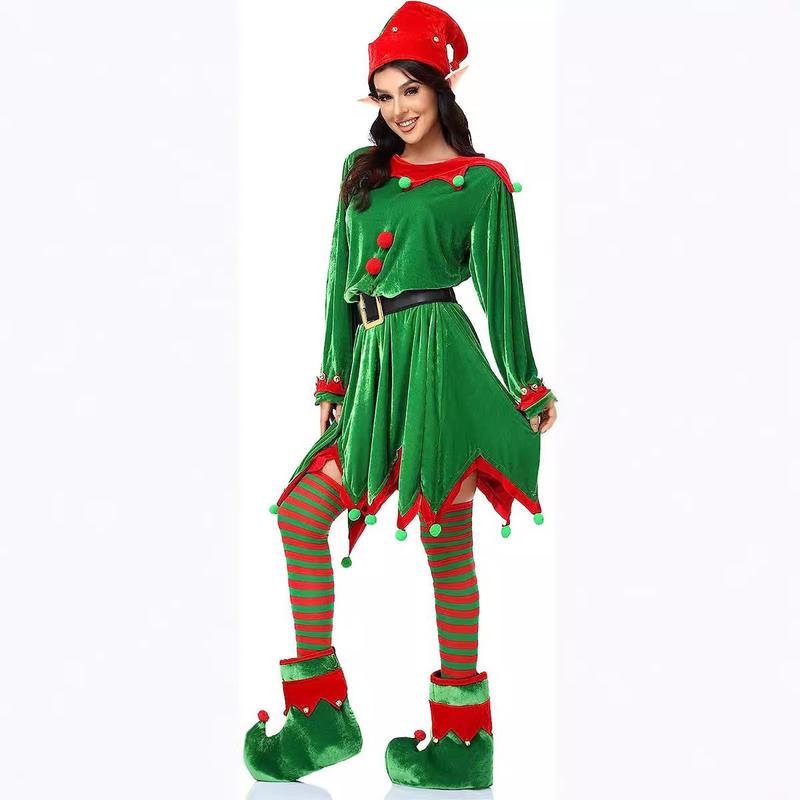 6 Pack Christmas Elf Costume for Women,Velvet Dress Cosplay Outfit with Belt Socks Elf Hat Shoes Ears