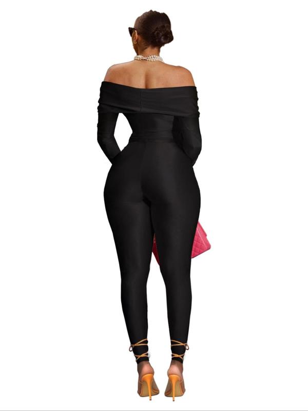 Women's Off The Shoulder Cut Out Jumpsuit, Solid Long Sleeve Twist Jumpsuit for Party Club Dating, Ladies Clothes for All Seasons