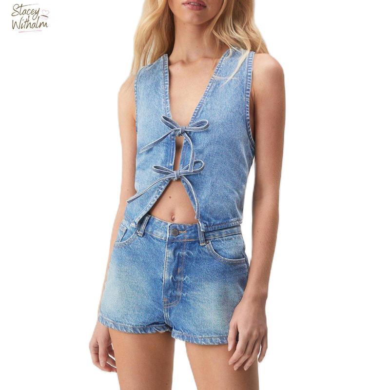 Women Denim Tank Tops Solid Color Front Tie-Up Casual Vests Summer Fashion Sleeveless Tops Streetwear Cotton Polyester Womenswear Check Light Tube