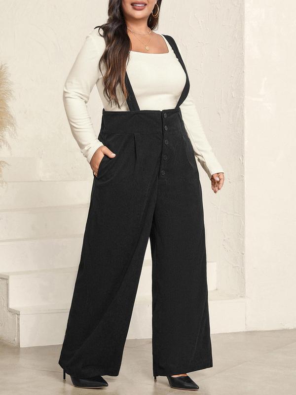 CURVZY Christmas Deals, Plus Size Solid Button Suspender Corduroy Overalls, Casual Pocket Wide Leg Suspender Pants for Daily Wear, Women's Plus Clothing for All Seasons, Christmas 2024 Trend, Fall & Winter Clothes