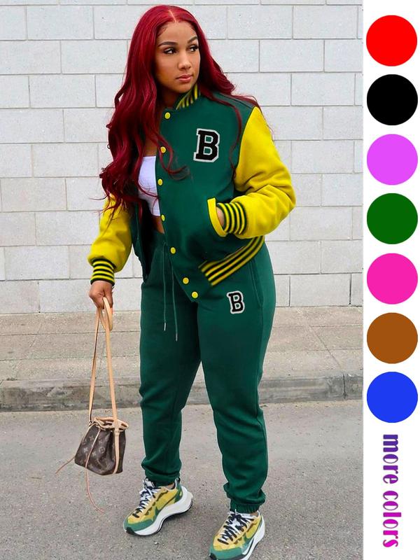  Two-piece Set Colorblock Letter Patched Detail Pocket Baseball Collar Jacket & Drawstring Waist Pants, Casual Fashion Cozy Breathable for Daily Outdoor Wear, Women's Clothing for Fall & Winter