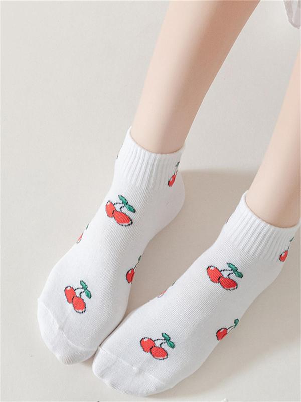 Women's 5 Pairs Cute Cherry Print Ankle Socks, Summer 2024 Casual Moisture Wicking Knit Socks, Soft Comfy Breathable Socks For Summer Daily Wear