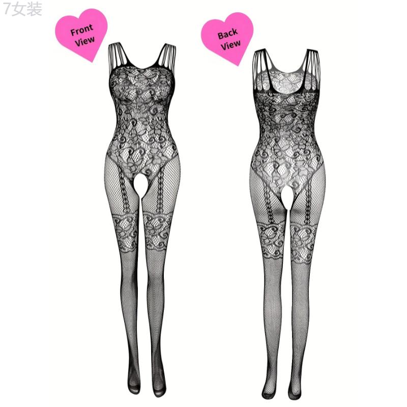 4pcs Plus Size Lace Fishnet Bodystockings, Sexy Stretchy Open Crotch Nightwear Bodysuit for Romantic Date Wearing