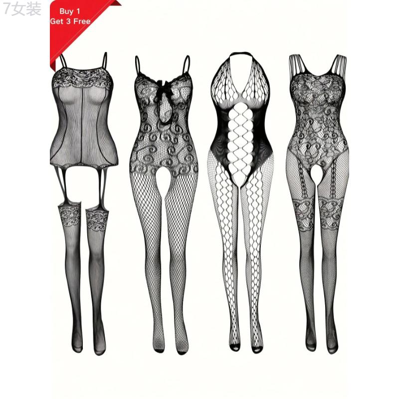 4pcs Plus Size Lace Fishnet Bodystockings, Sexy Stretchy Open Crotch Nightwear Bodysuit for Romantic Date Wearing