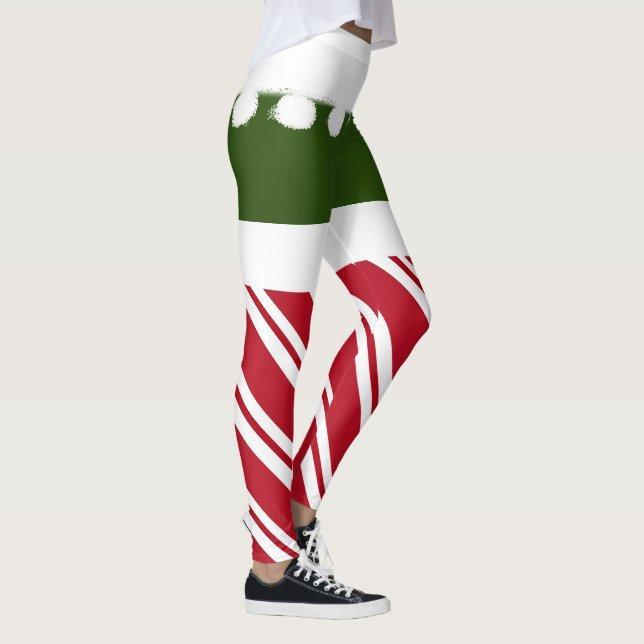 Cute Christmas Elf Candy Cane White Furry Tassels Leggings