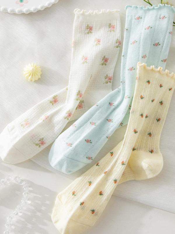 Women's Ditsy Floral Print Lettuce Trim Crew Socks, Soft Comfy Breathable Moisture Wicking Socks, Socks for All Seasons Daily Wear