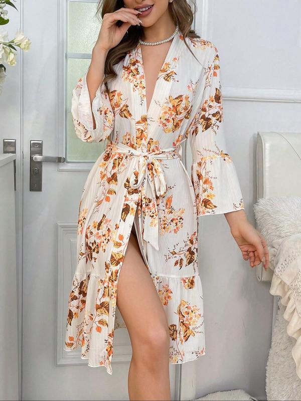 Women's Floral & Leaf Print Ruffle Trim Bathrobe, Elegant Long Sleeve Dressing Gown, Soft Comfortable Bathrobe for Home Spa