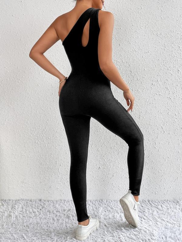 Sexy Asymmetrical Cut Out Sleeveless One Shoulder Skinny Jumpsuit, Summer Comfort Minimalist Basic Bodycon Jumpsuit, Ladies Clothing For Running, Womenswear