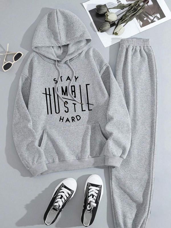  Letter Print Hoodie & Sweatpants Set, Casual Long Sleeve Hooded Sweatshirt & Jogger Pants, Women's Fall & Winter Clothes for Daily Wear