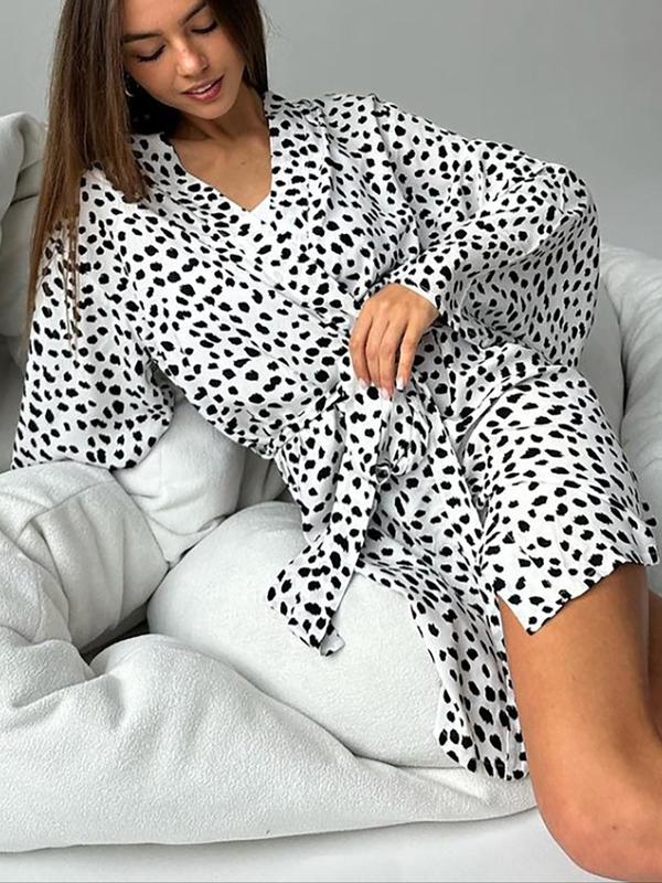 Two-piece Set Women's All Over Print Belted Pajama Robe & Pants, Casual Long Sleeve Outerwear & Tie Front Trousers Pajama Set, Women's Sleepwear for Spring & Fall