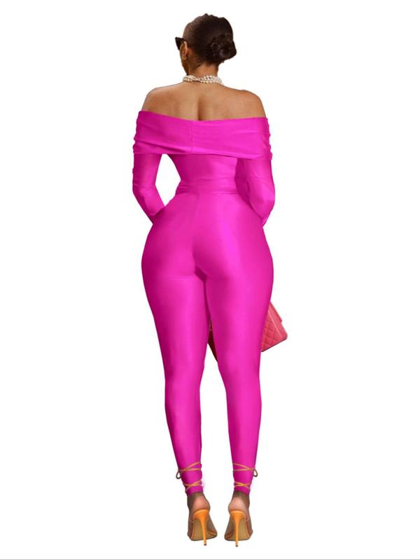 Women's Off The Shoulder Cut Out Jumpsuit, Solid Long Sleeve Twist Jumpsuit for Party Club Dating, Ladies Clothes for All Seasons