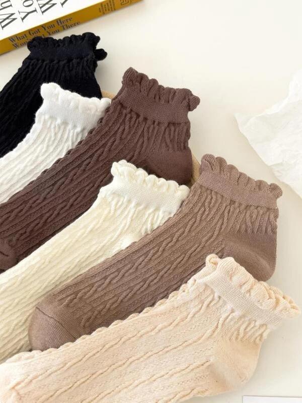 Women's 6 Pairs Solid Textured Frill Ankle Socks, Comfort Cozy Cable Knit Crew Socks, Low Cut Comfort Breathable Socks, Multi-pack Plain Socks for Women, Women's Socks & Hosiery