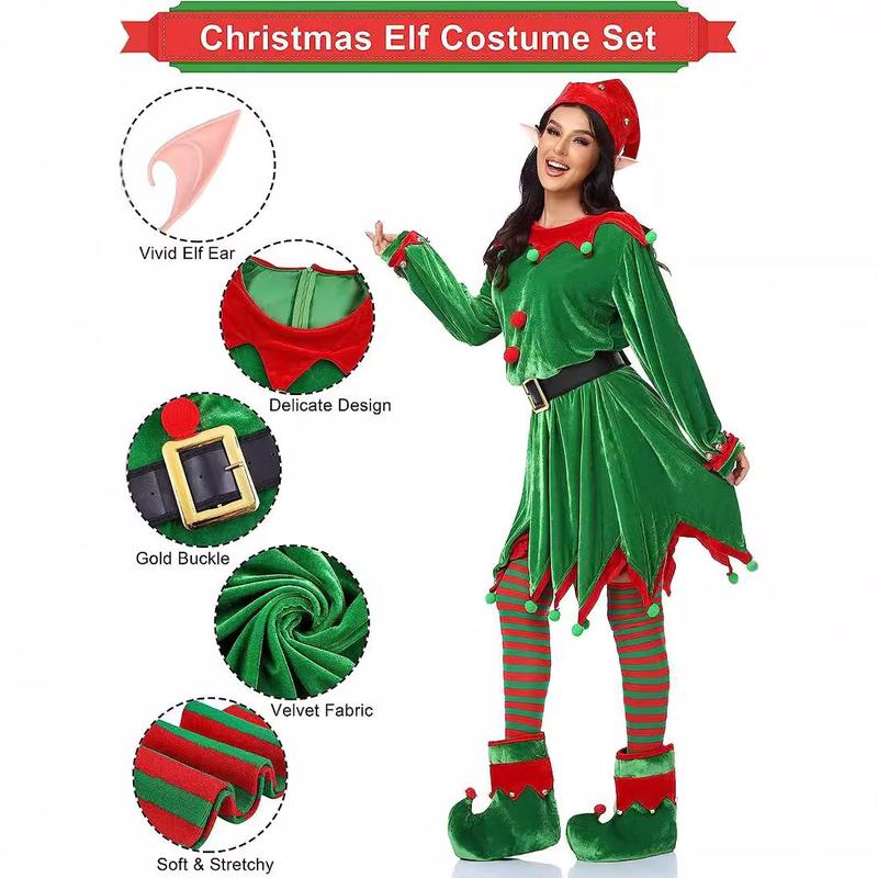 6 Pack Christmas Elf Costume for Women,Velvet Dress Cosplay Outfit with Belt Socks Elf Hat Shoes Ears