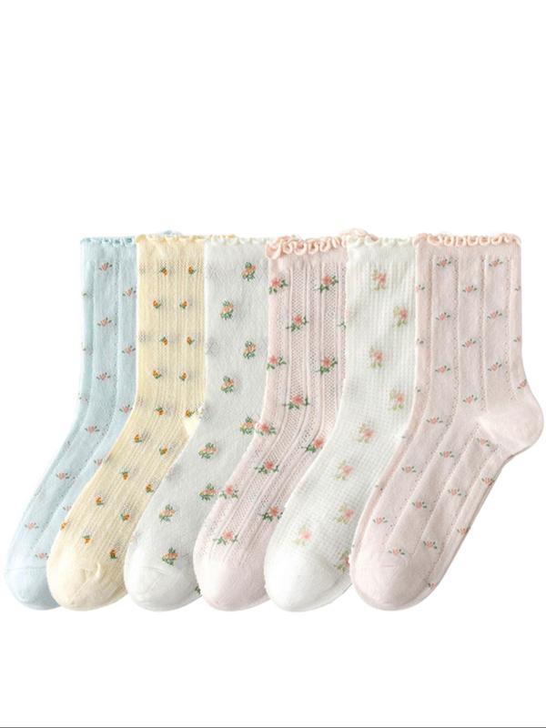 Women's Ditsy Floral Print Lettuce Trim Crew Socks, Soft Comfy Breathable Moisture Wicking Socks, Socks for All Seasons Daily Wear