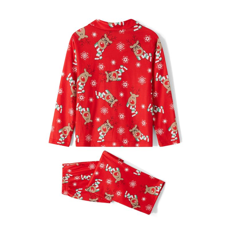 Red Family Matching Christmas Pajamas Sets, Deer Snowflake Print Lapel Long Sleeve Tops + Elastic Waist Long Pants Loungewear Set