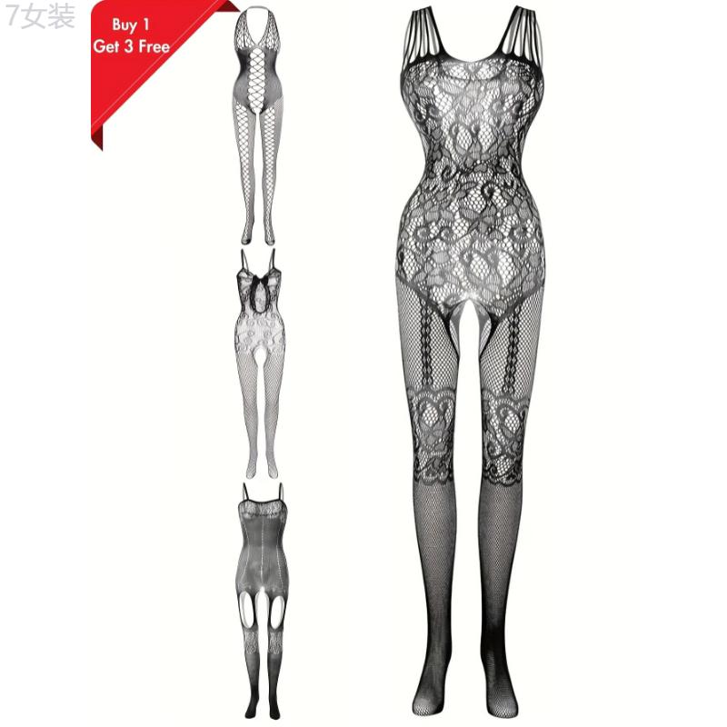 4pcs Plus Size Lace Fishnet Bodystockings, Sexy Stretchy Open Crotch Nightwear Bodysuit for Romantic Date Wearing