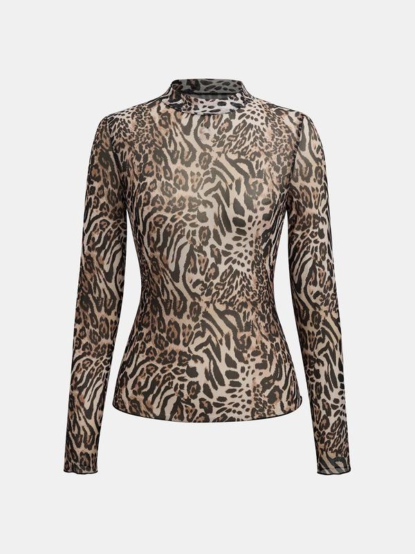 YOZY Women's Leopard Print Mock Neck Tulle Top, Fashion Casual Long Sleeve Top for Spring & Fall, Women's Clothing for Daily Wear