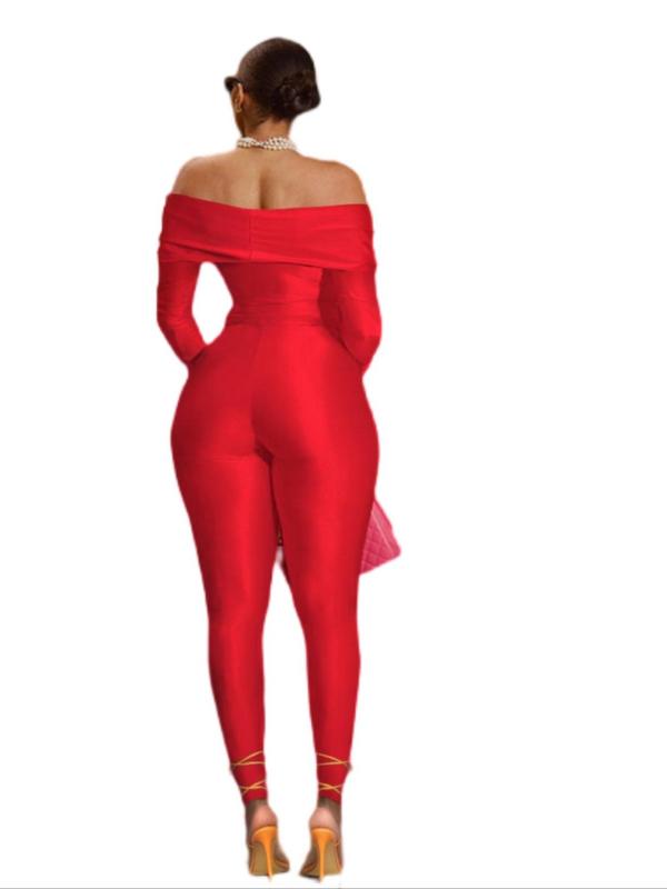 Women's Off The Shoulder Cut Out Jumpsuit, Solid Long Sleeve Twist Jumpsuit for Party Club Dating, Ladies Clothes for All Seasons