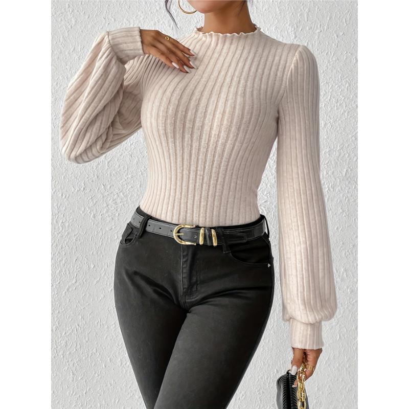 Solid Mock Neck Rib Knit Bodysuit, Elegant Long Sleeve Bodysuit, Women's Clothing