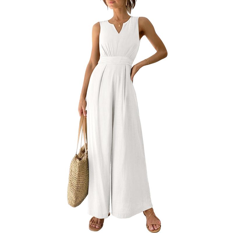 ANRABESS Women's Summer Wide Leg Jumpsuits Sleeveless High Waist Dressy Linen Romper with Pockets