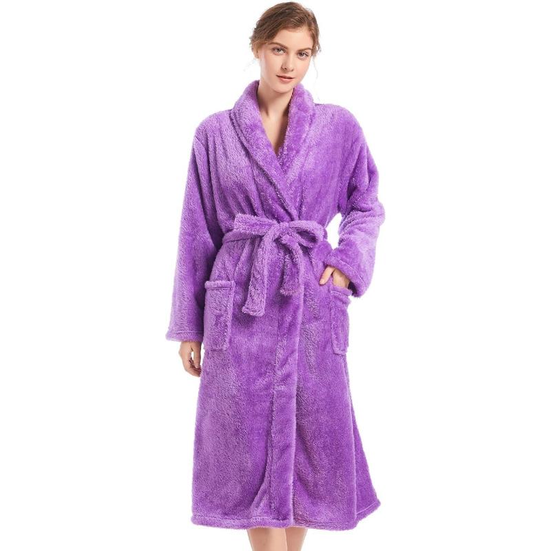 Inner Wish Womens Plush Fleece Robe, Cozy Warm Bathrobe Fuzzy Female Spa Robe With Pockets