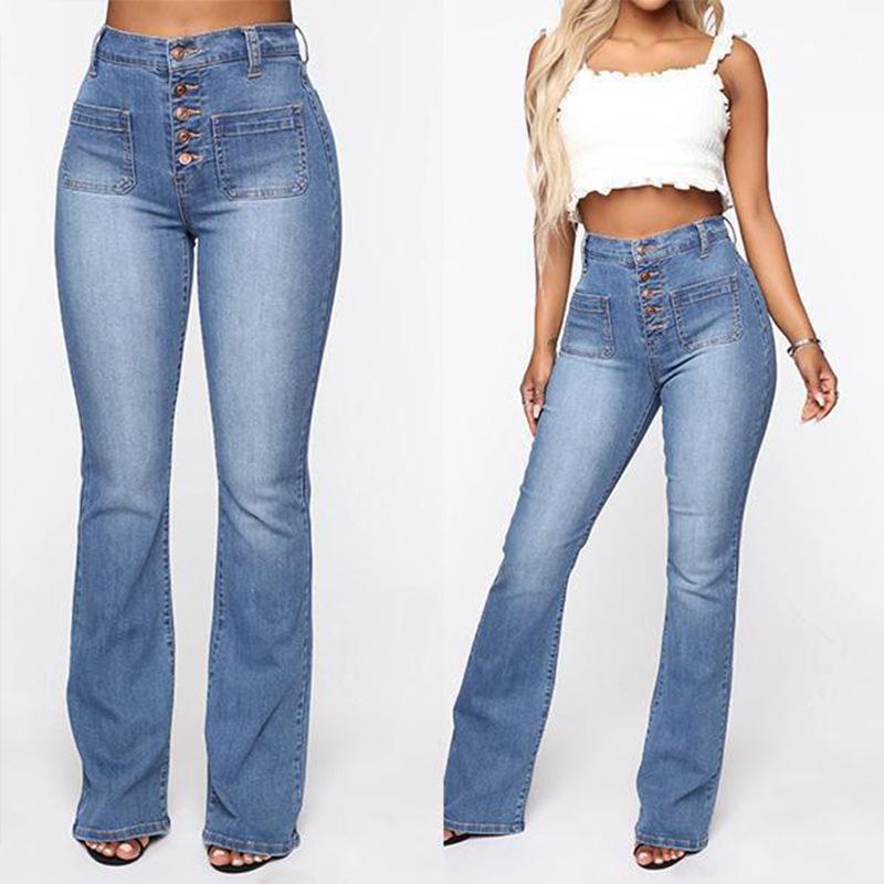 Fashion women's jeans button patch pocket washed trousers jeans