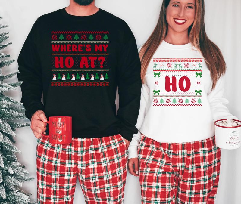 Where's My Ho At Couple's Christmas Sweater, Unisex Funny Couples Ugly Christmas Sweater, Couples Matching Ugly Christmas Sweater