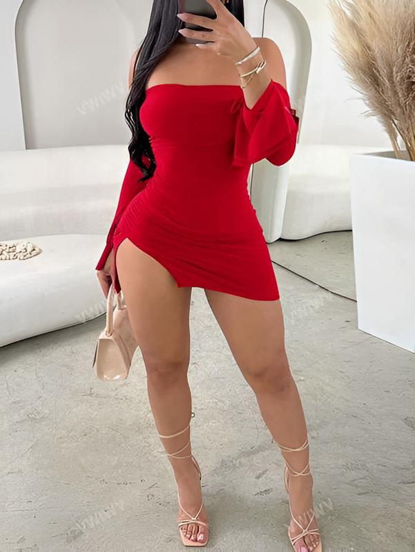 Women's Elegant Strapless Thigh-Slit Mini Dress For Night Party And Festive Occasions shoulder evening Women's Sexy Ruched Bodycon Dress v  neck bell sleeves elegant long