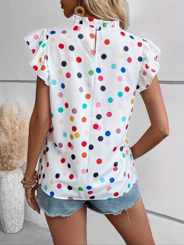 Women's Polka Dot Print Frill Ruffle Butterfly Sleeve Blouse, Casual Mock Neck Button Front Top for Summer, Ladies Clothes for Daily Wear