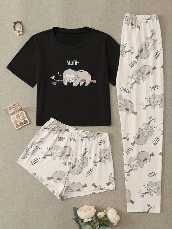 Plus Size Cute Pajama Three Piece Set, Women's Plus Cartoon Sloth Print Short Sleeve Round Neck Top & Shorts & Pants Loungewear 3 Piece Set