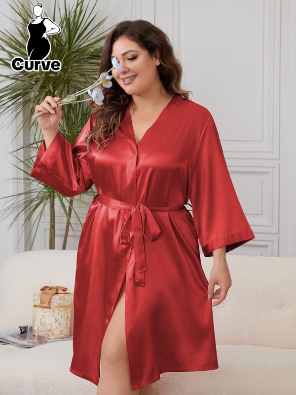 Plus Size Solid Belted Tie Front Wrap Lounge Robe, Elegant Casual Long Sleeve V Neck Satin Pajama Robe, Women's Sleepwear for All Seasons